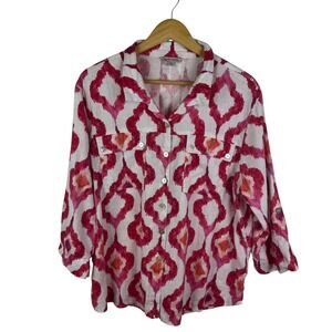John Mark Ikat Linen Blend Button Down Shirt Size PXL Boho Artsy Resort Colorful